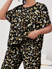  Dollar Print Pajamas Set Short Sleeve Top & Pants Money Graphic