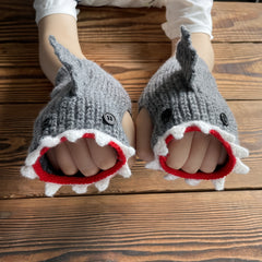 1pair Shark Gloves Funny Cartoon Wool Winter Warm Half Finger Gloves