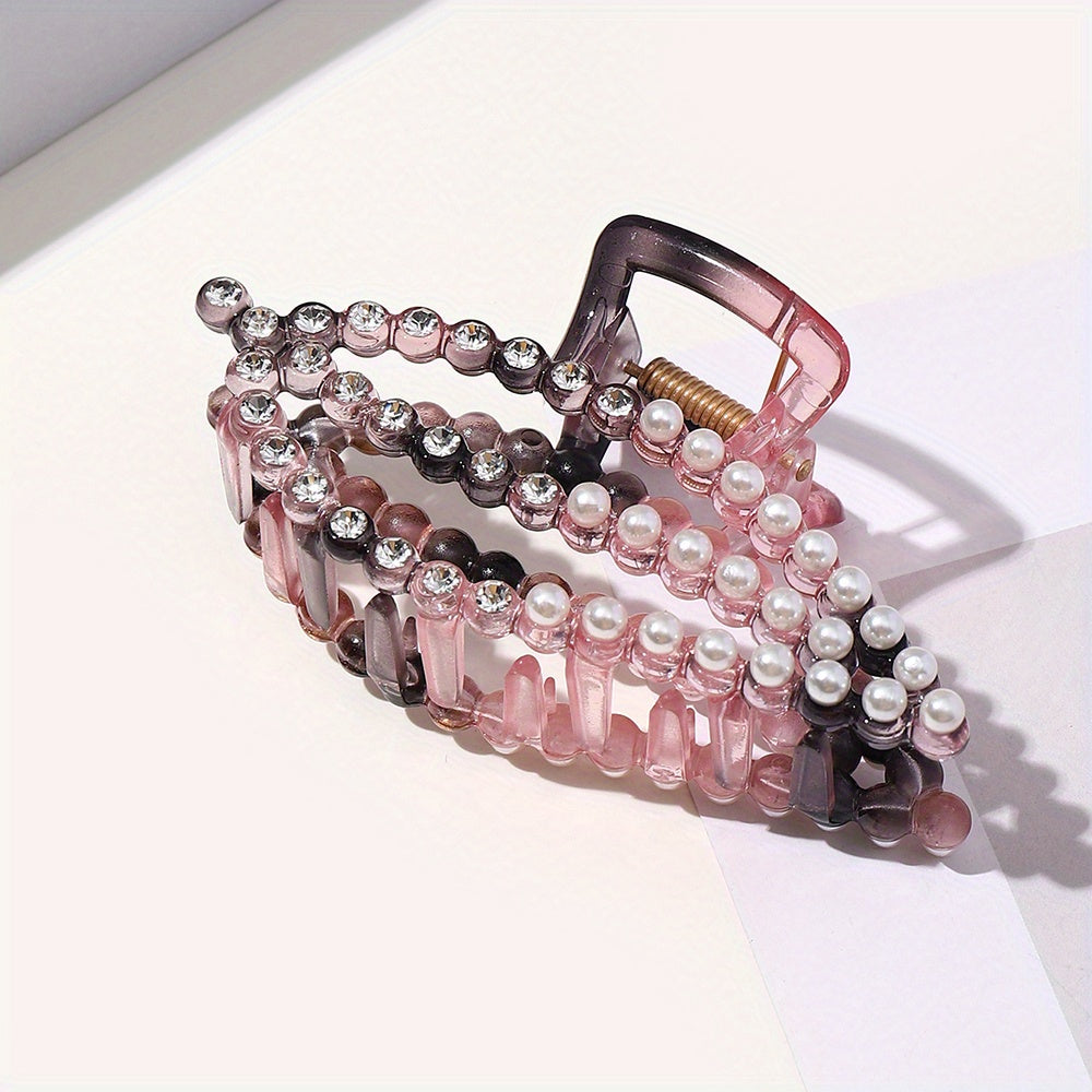 Large Plastic Leaf Hair Claw Rhinestone Pearl Clip for Women