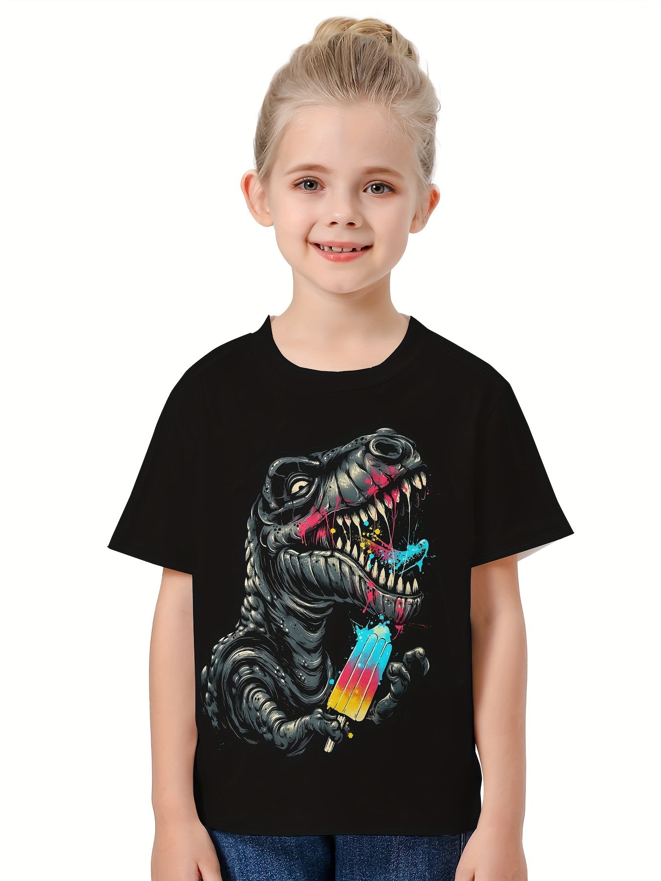 Girls 3D Dinosaur & Ice Cream Crew Neck T-shirt Summer Clothes