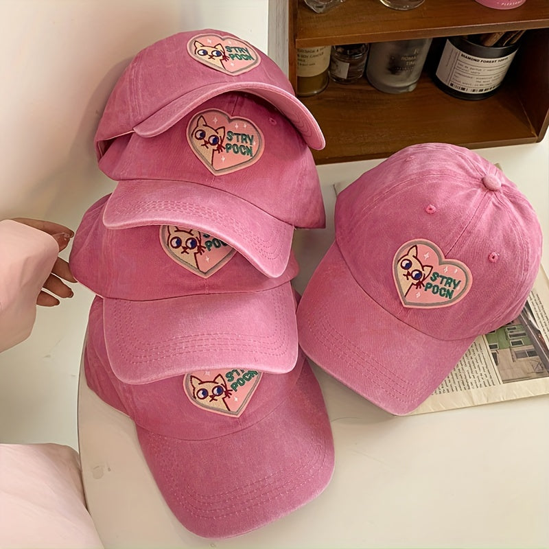 Embroidered Cartoon Cat Pink Heart Label Patch Sun Hat