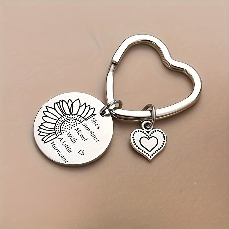Heart Keychain Engraved Sunflower Inspirational Letter Keyring