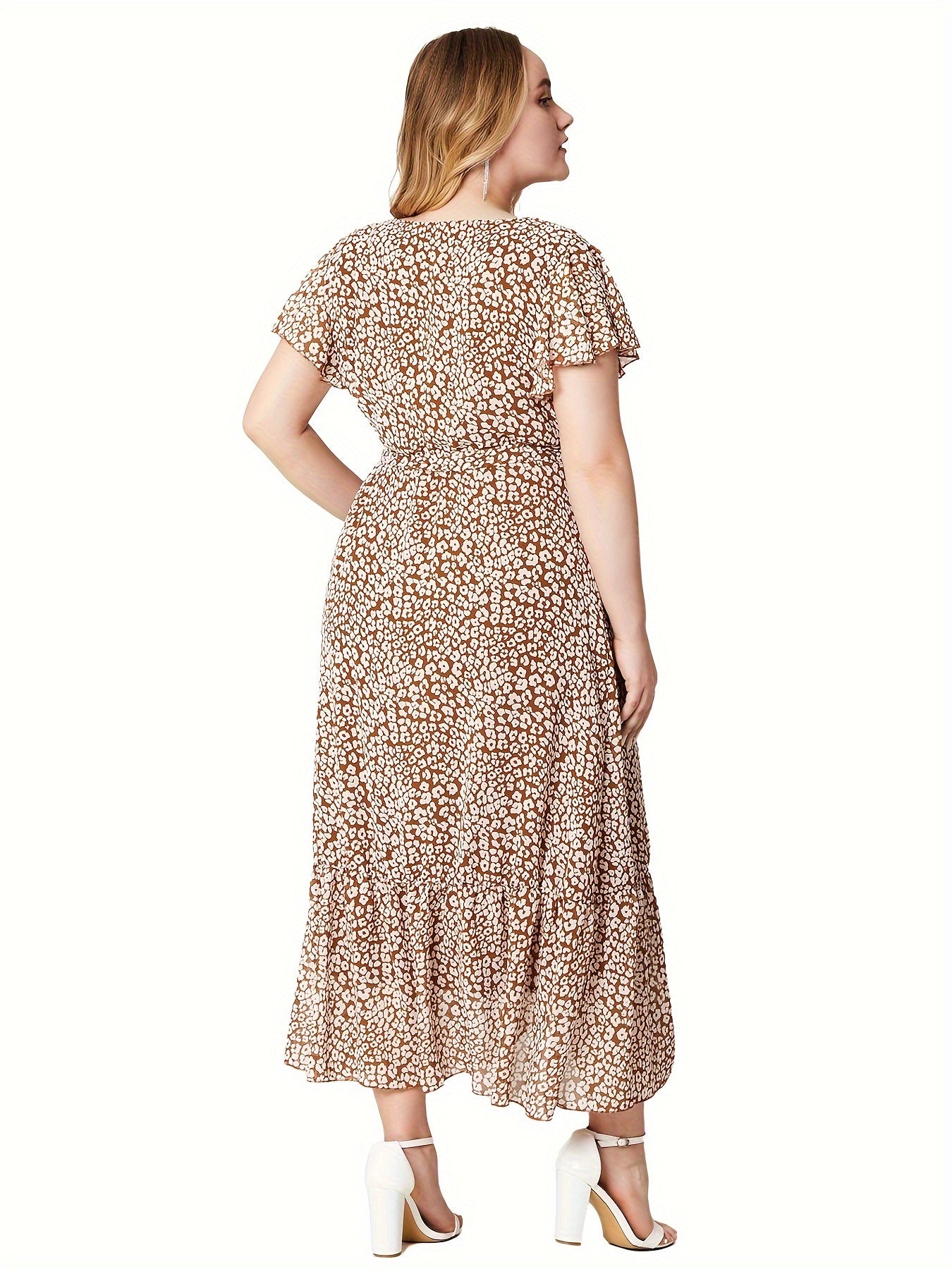  Ditsy Print Flutter Sleeve Maxi Dress With Belt