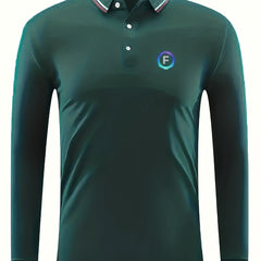 Men's F Print Polo Shirt Casual Breathable Long Sleeve Shirt For Spring Fall