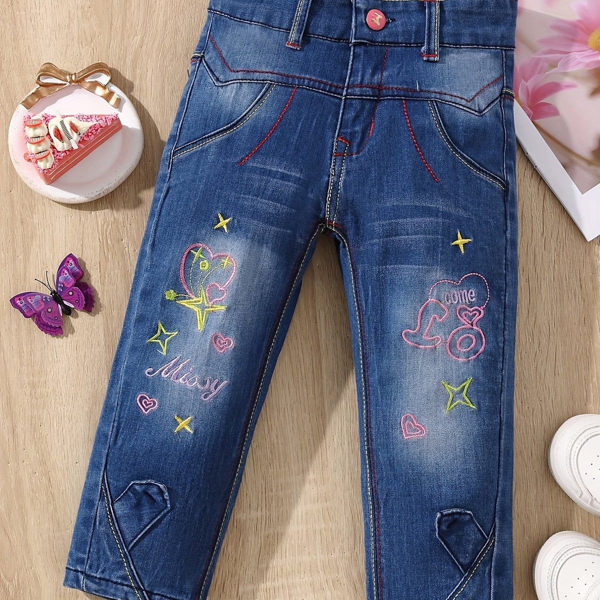 Girls' Stars Embroidered Casual Cropped Jeans Capris