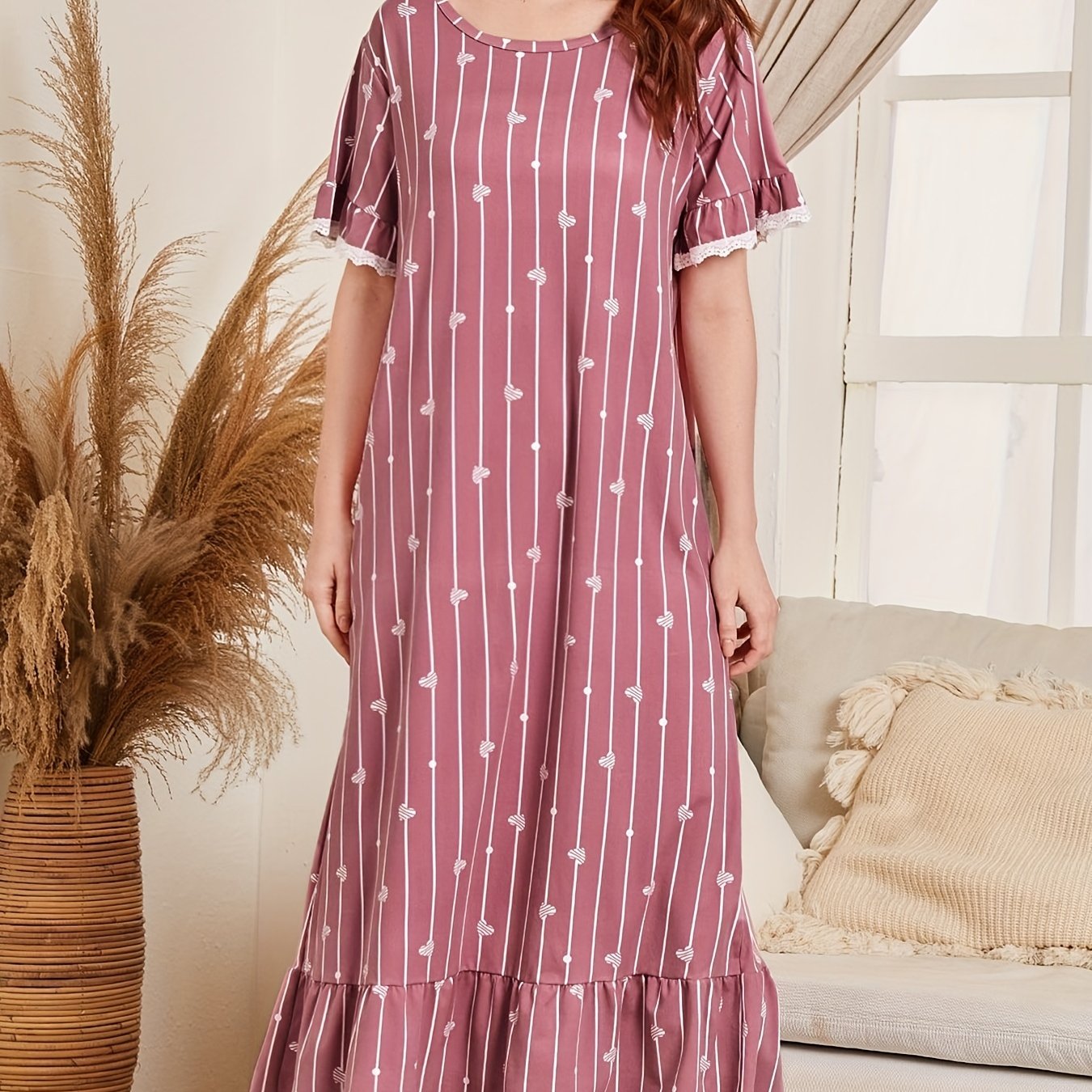 Heart Print Ruffle NightDress Striped Pajama Dress