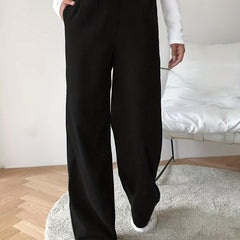  Solid Ribbed Button Fly High Rise Wide Leg Trousers