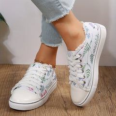 Floral Print Canvas Sneakers Lace Up Round Toe Walking Shoes