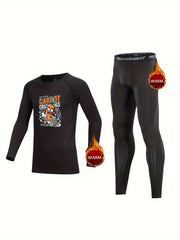Kids Fleece Lined Compression Base Set Carrot Letter Tops & Leggings Pants
