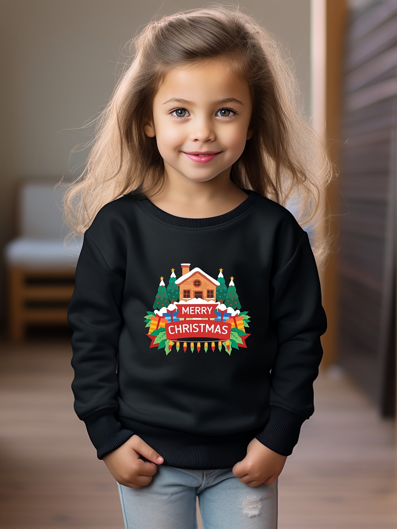 Christmas House & Tree Print Girls Sweatshirt Long Sleeve Crew Neck Top