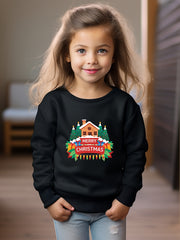 Christmas House & Tree Print Girls Sweatshirt Long Sleeve Crew Neck Top