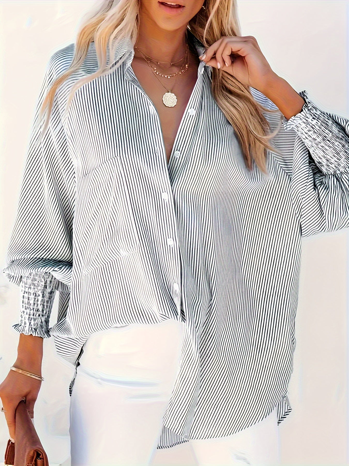  Stripe Print Long Sleeve Button Up Tunic Shirt Top