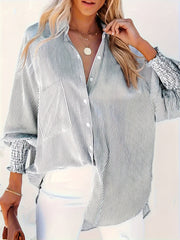  Stripe Print Long Sleeve Button Up Tunic Shirt Top