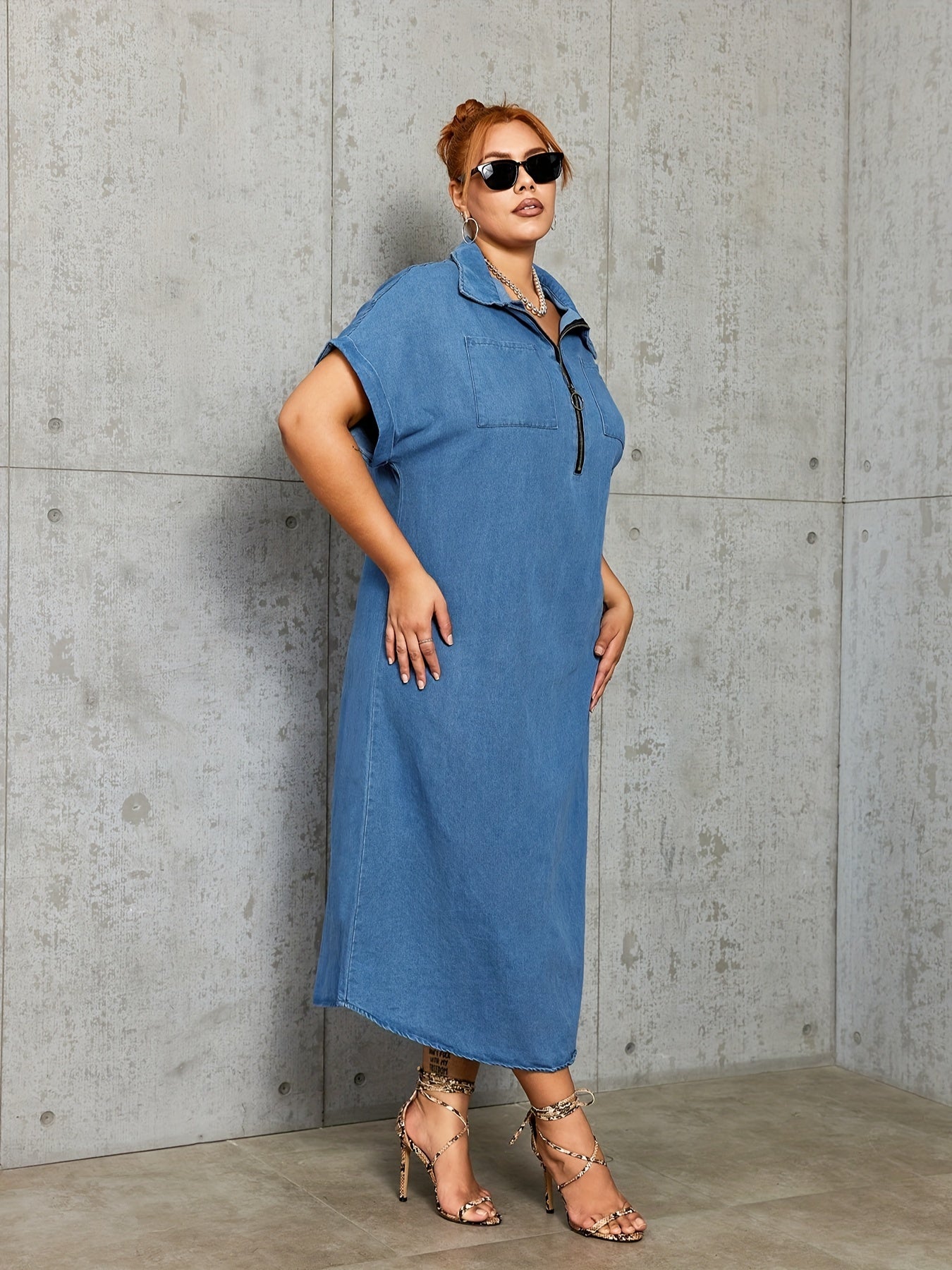  Denim Polo Neck Maxi Dress with Pockets