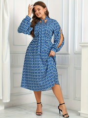 Women's Plus Allover Print Lantern Sleeve Midi Dress