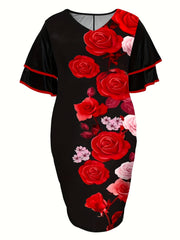  Floral Print Bell Sleeve V Neck Midi Dress