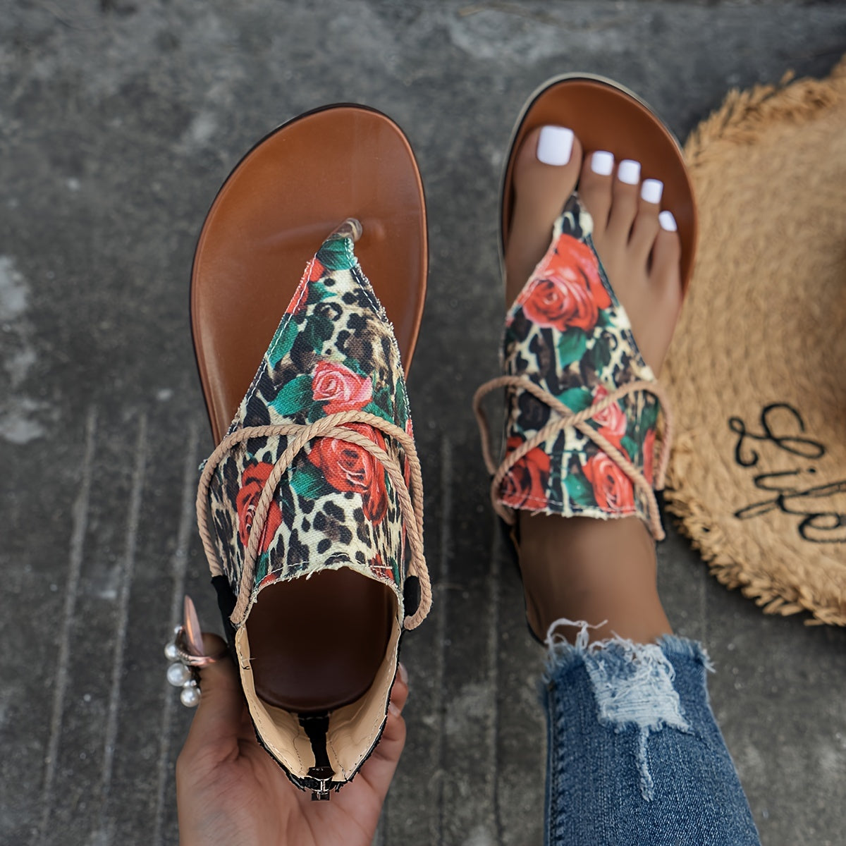 Rose & Leopard Print Thong Sandals Women