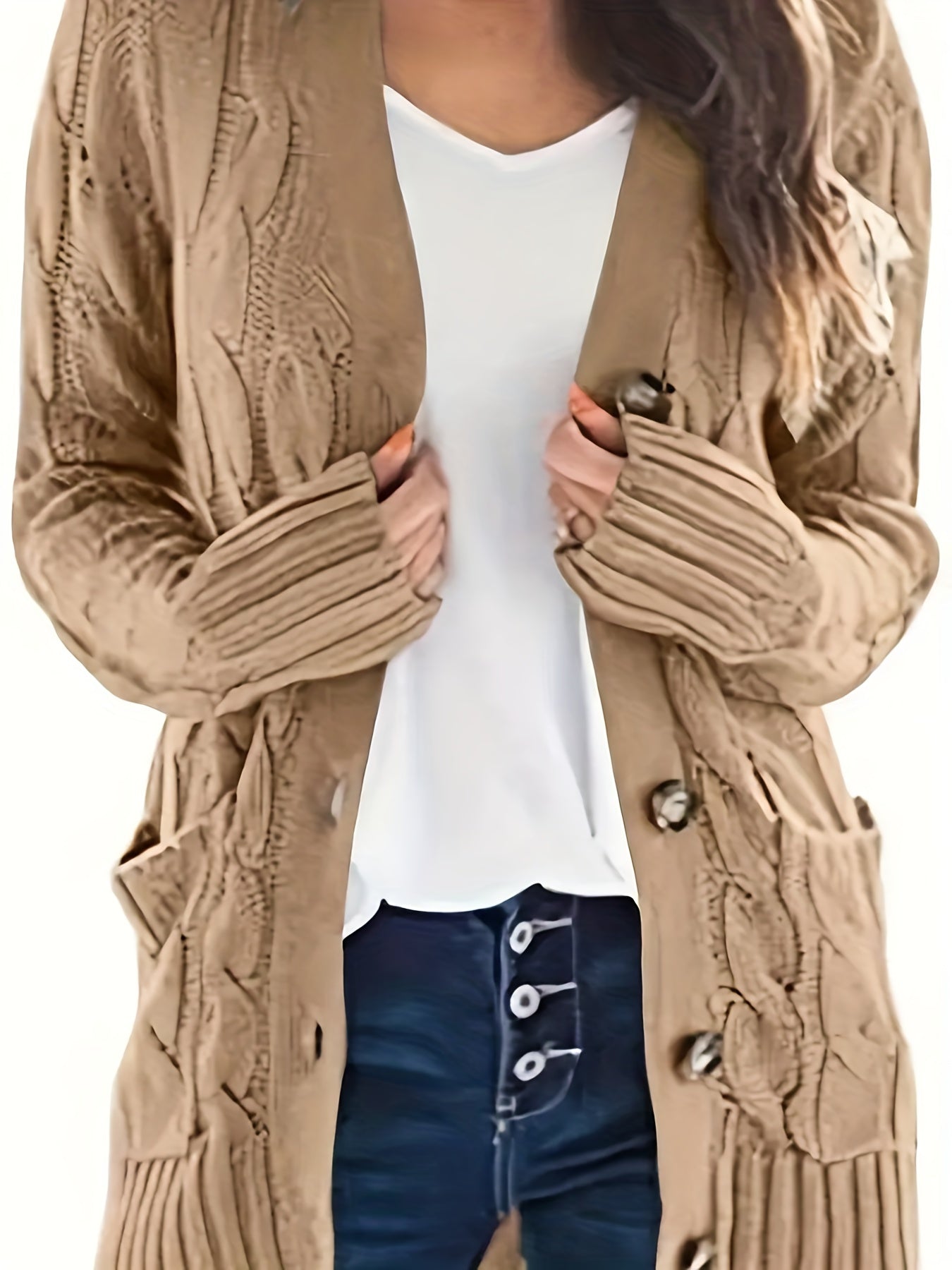  Solid Color Jacquard Button Long Sleeve Cardigan