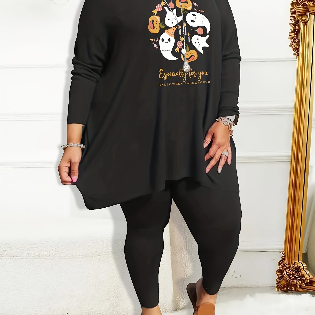  Halloween Pajama Set Women's Ghost & Slogan Tee & Leggings