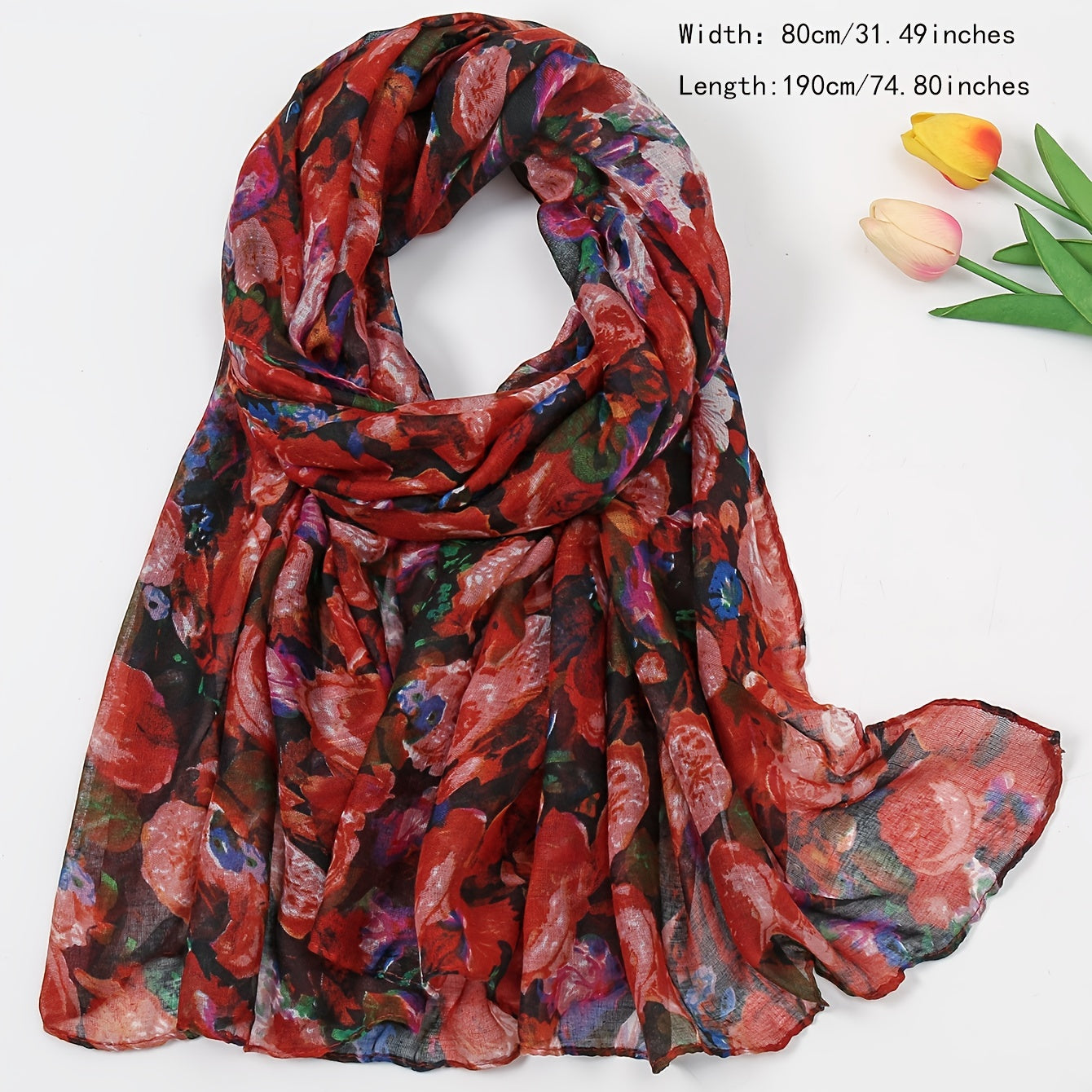 Vintage Flower Print Thin Scarf Shawl Red Beach Towel Yarn Scarf