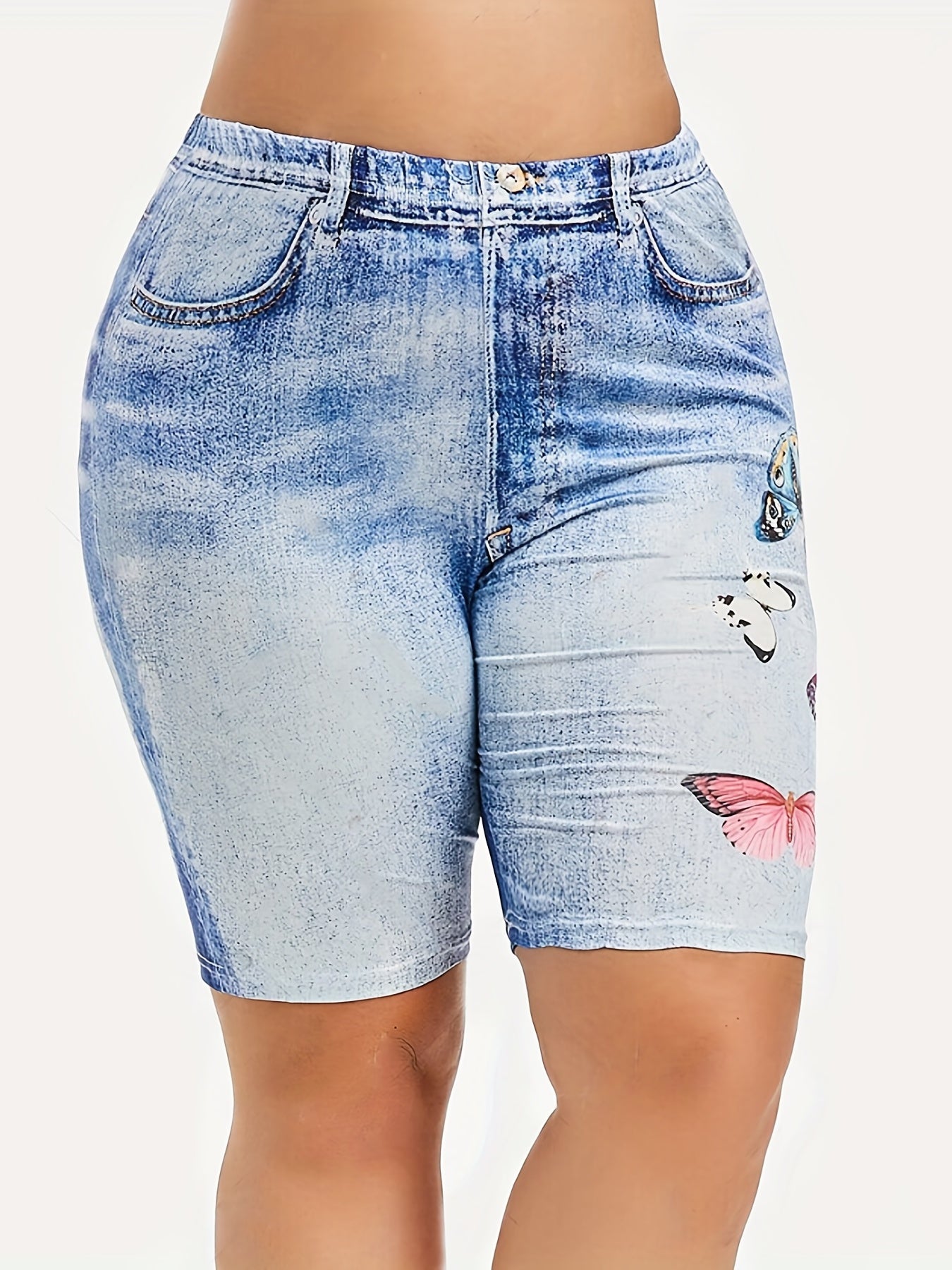  Denim & Butterfly Print High Rise Skinny Shorts