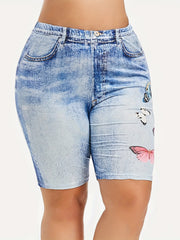  Denim & Butterfly Print High Rise Skinny Shorts