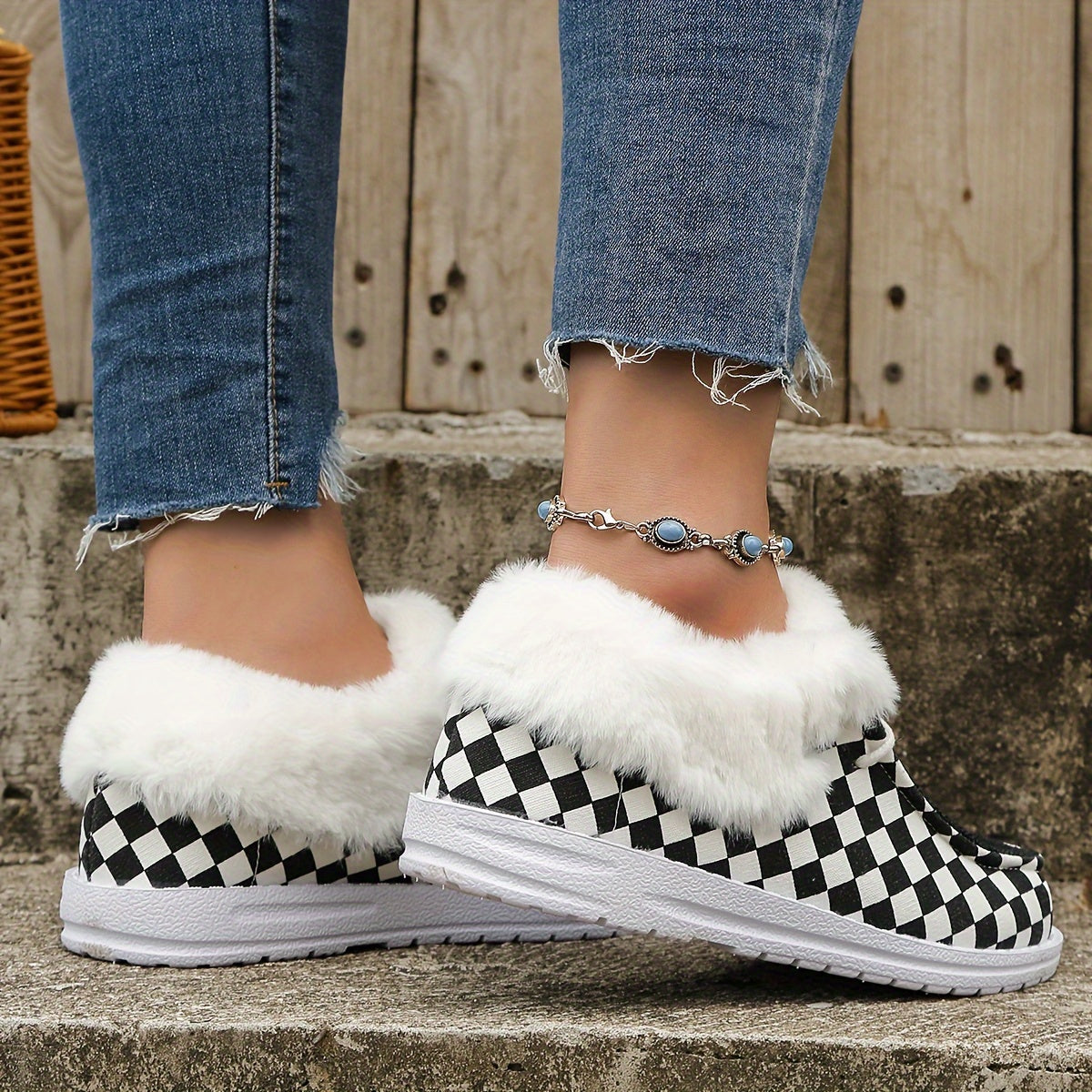 Plaid Pattern Thickened Warm Walking Shoes Lightweight Low Top Sport Flat Shoes