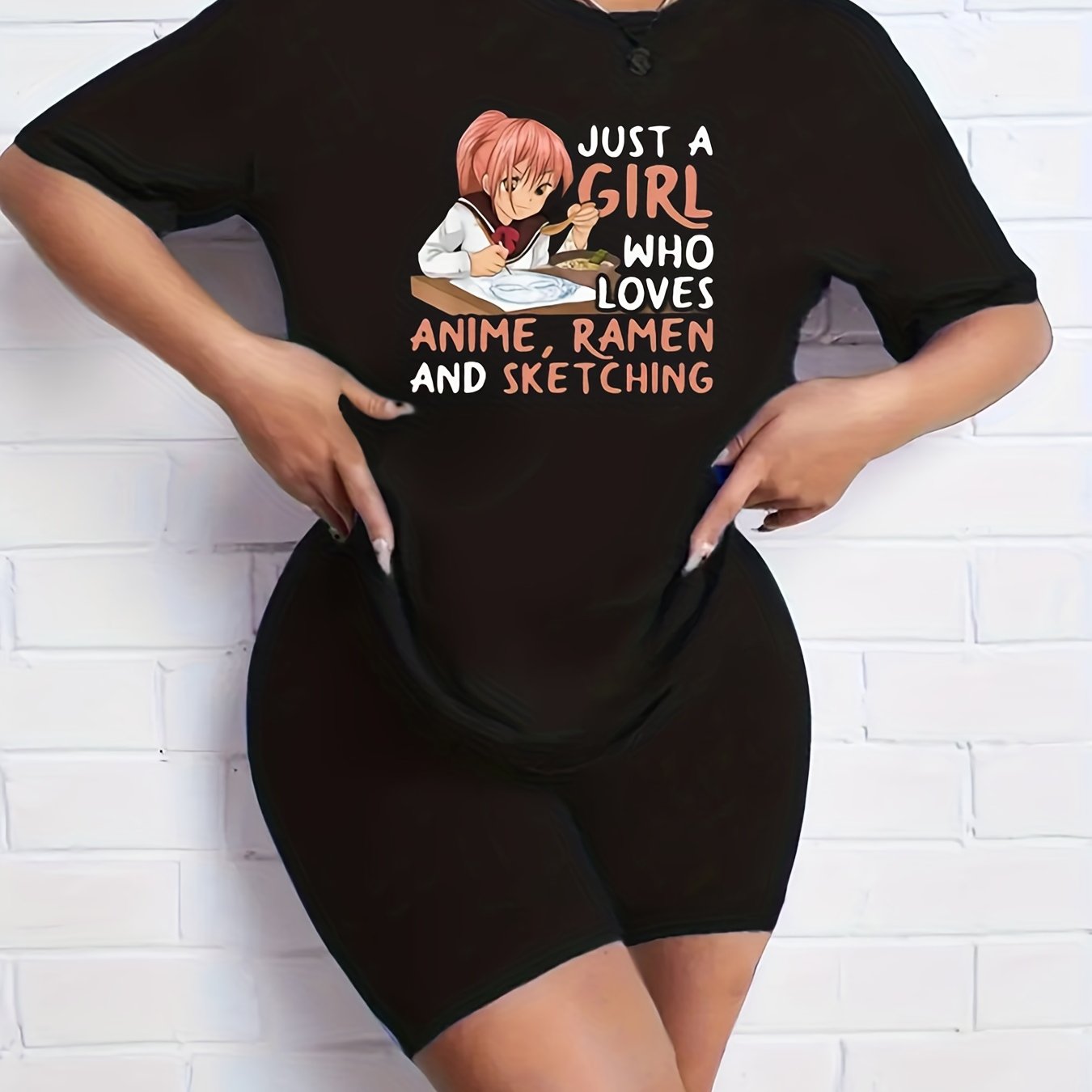 2pcs Anime Graphic Crew Neck Short Sleeve T shirts & Solid Shorts Set