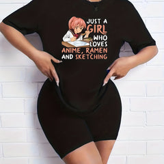 2pcs Anime Graphic Crew Neck Short Sleeve T shirts & Solid Shorts Set