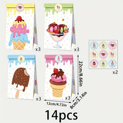 14pcs Ice Cream Party Favor Bags with Stickers - Candy Decorations