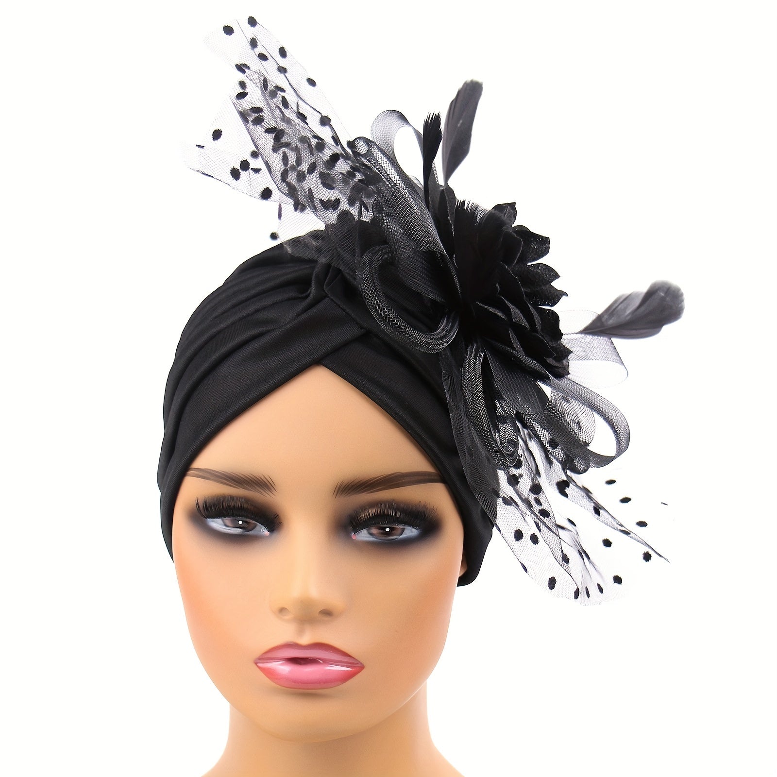 Feather Mesh Flower Turban Cap Head Wrap Elastic Beanie Women Ramadan Bonnet