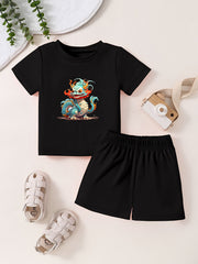 Toddler Cartoon Pattern 2pcs Set Short Sleeve T shirt & Matching Shorts