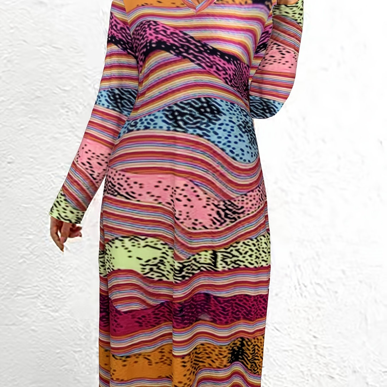 Colorblock Stripe Print V Neck Maxi Dress