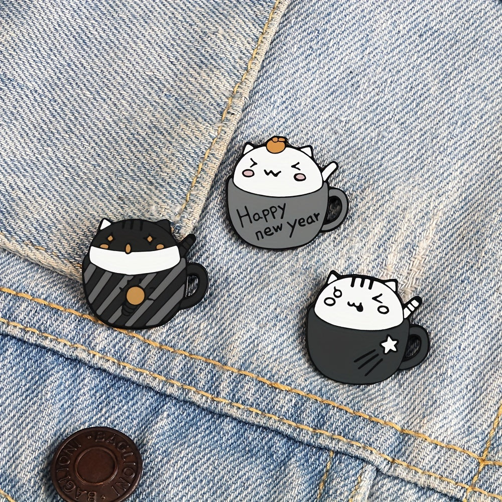 Cat & Coffee Cup Brooch Cat Badge Collar Pin for Men