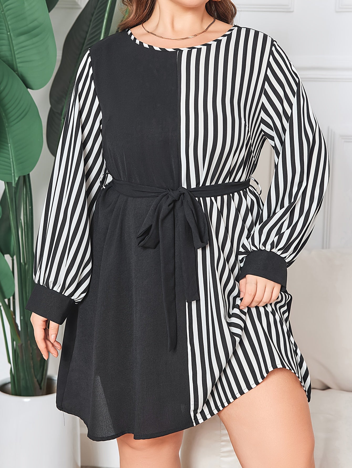 Colorblock Stripe Print Long Sleeve Dress With Belt