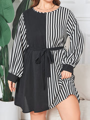  Colorblock Stripe Print Long Sleeve Dress With Belt