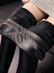 Solid Liner Fleece PU Leather High Rise Skinny Trousers