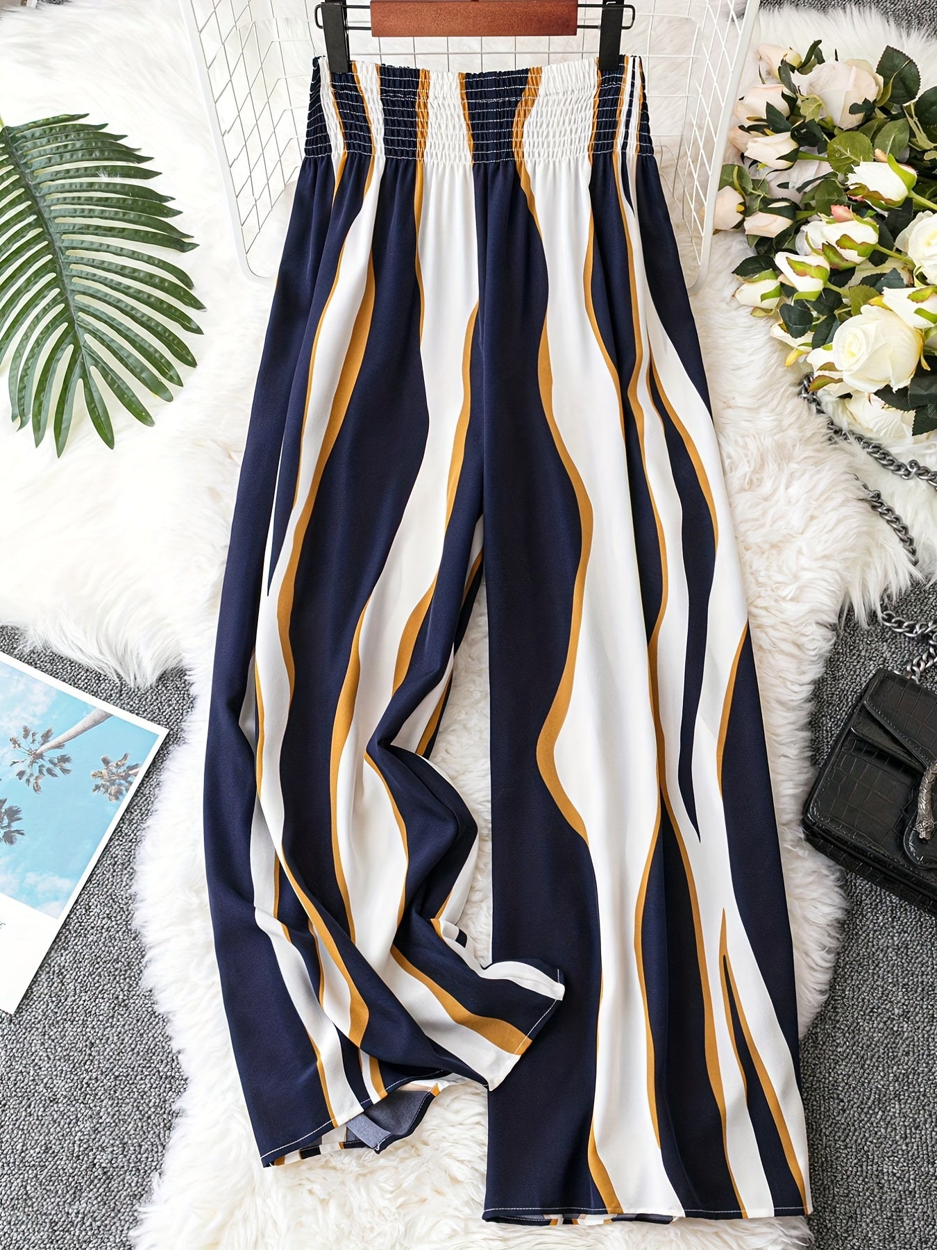 Women's Plus Striped Print Wide Leg Trousers