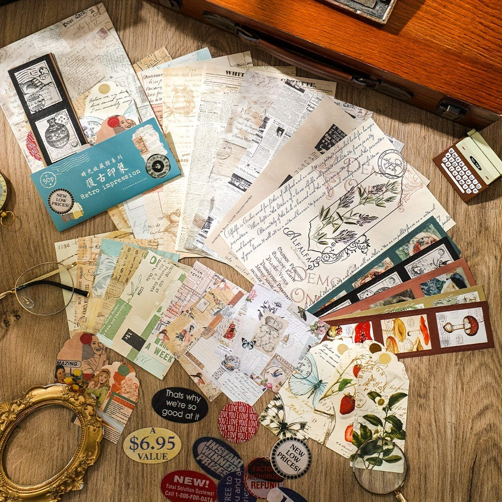 50 Sheets Vintage Scrapbook Paper Stickers and Sticky Paper Set