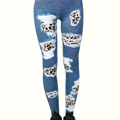  Ribbed Denim & Leopard Print Leggings