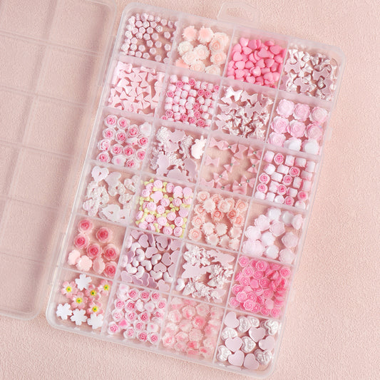 24 3D Resin Nail Charms Pink Styles Butterfly Camellia Rose Heart