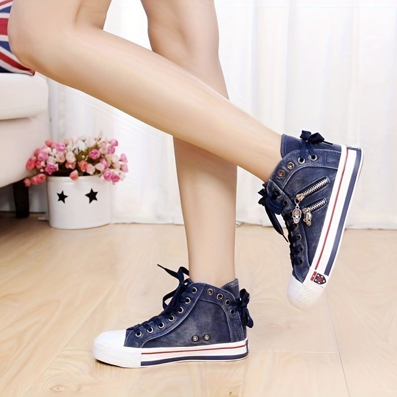 Skull Zipper High Top Canvas Sneakers Lace Up Skate Shoes