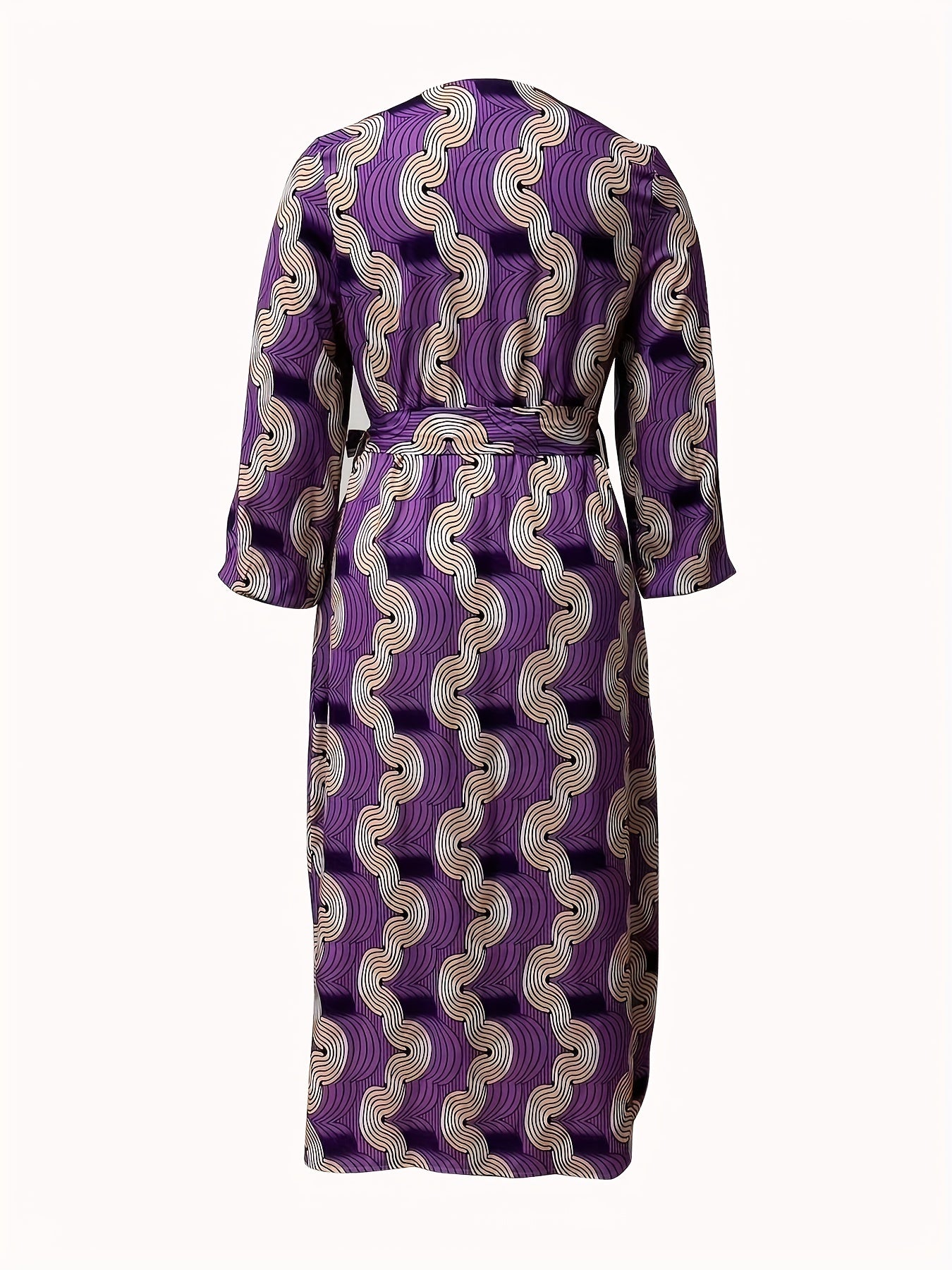  Sexy Geometric Print Lantern Sleeve Maxi Dress With Belt