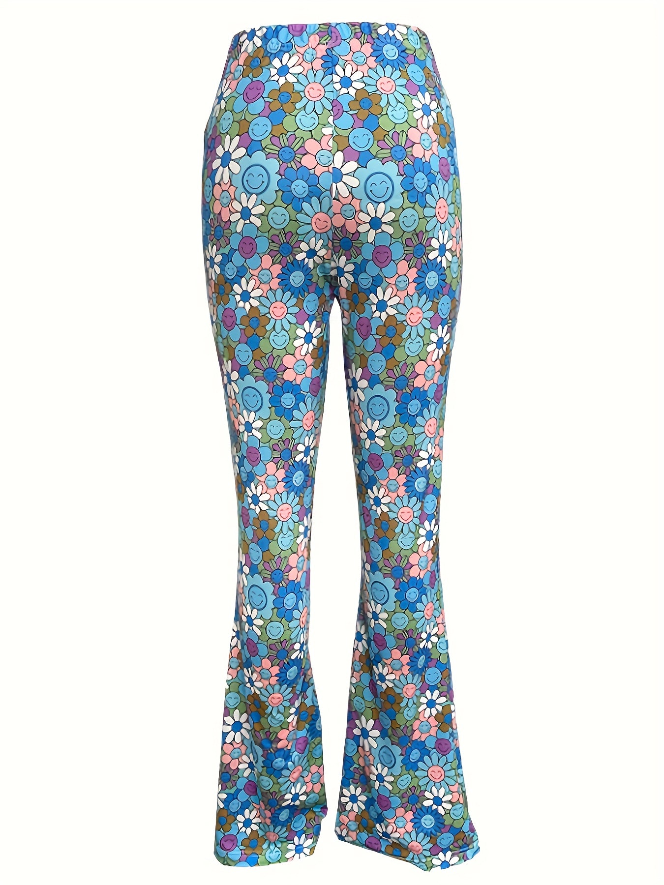 Floral Print High Waist Hippie Pants Casual Flare Leg Pants For Spring & Summer