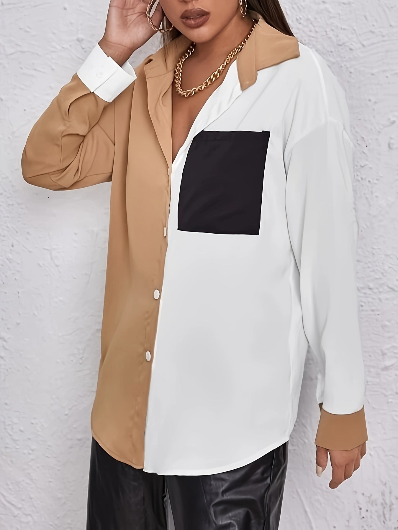  Colorblock Long Sleeve Button Up Blouse
