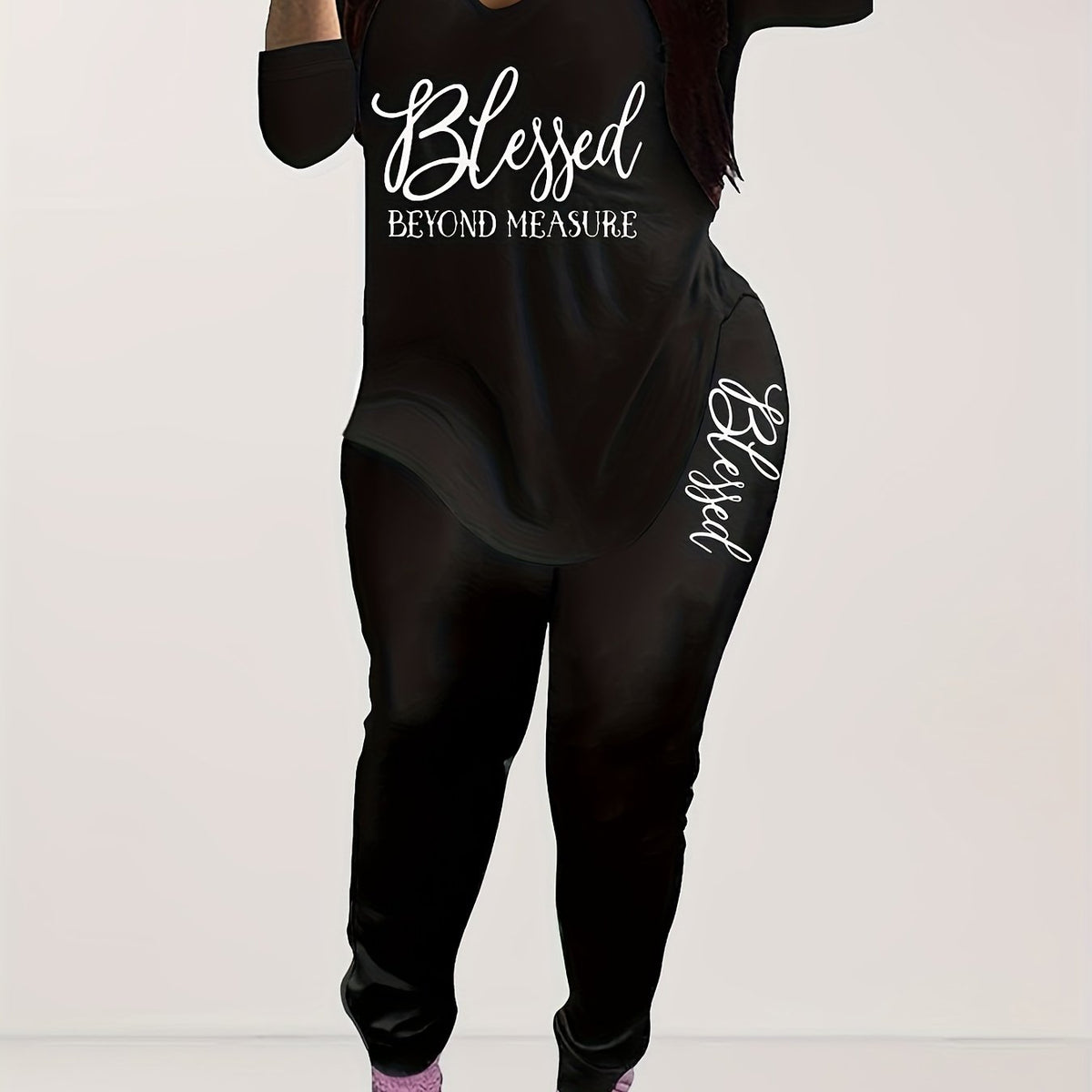  Letter Print V Neck 3 4 Sleeve T Shirt Top & Long Pants Set