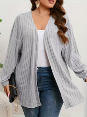  Solid Ribbed Long Sleeve Open Front Cardigan
