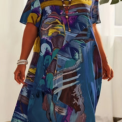  Casual Dress Women's Plus Painting Print Short Sleeve Midi Dress