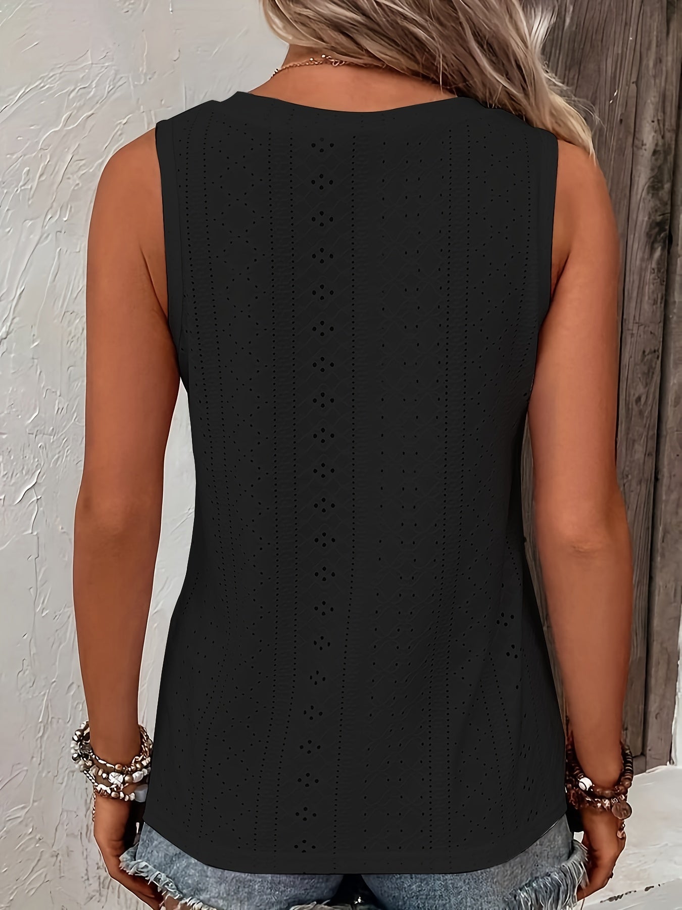  Casual Tank Top Women's Plus Jacquard Eyelet Embroidered Button