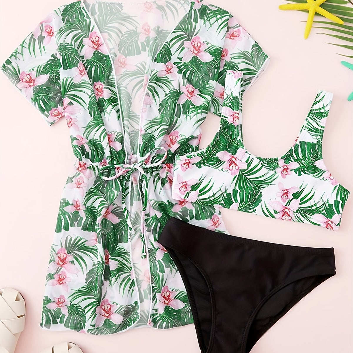 Girl's Floral Tropical Print Bikini Bathing Suit With Kimono